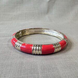 Vintage Silver Tone and Coral Enameled Clamper Bracelet